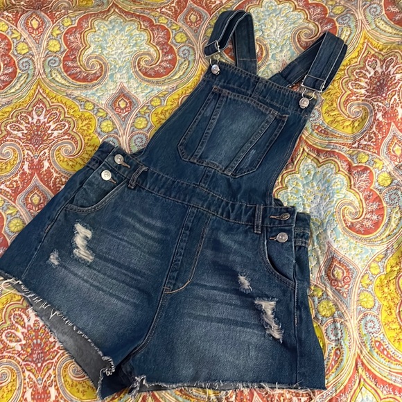 Distressed Denim Overall Shorts - Picture 1 of 8
